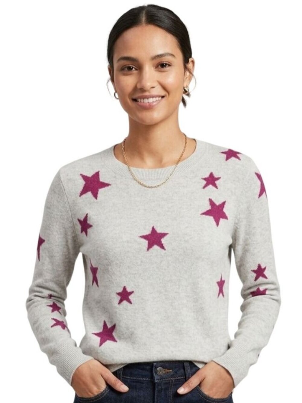 Banana Republic Gray Magenta Star Merino Wool Blend Crewneck Sweater Size M